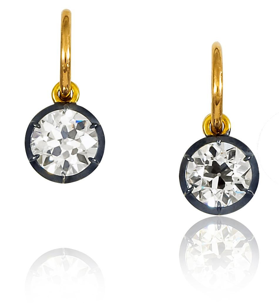 18K Gold & Old European Cut Diamonds; 1.91ct I, VS1, 1.83ct J, SI1 In New Condition For Sale In New York, NY