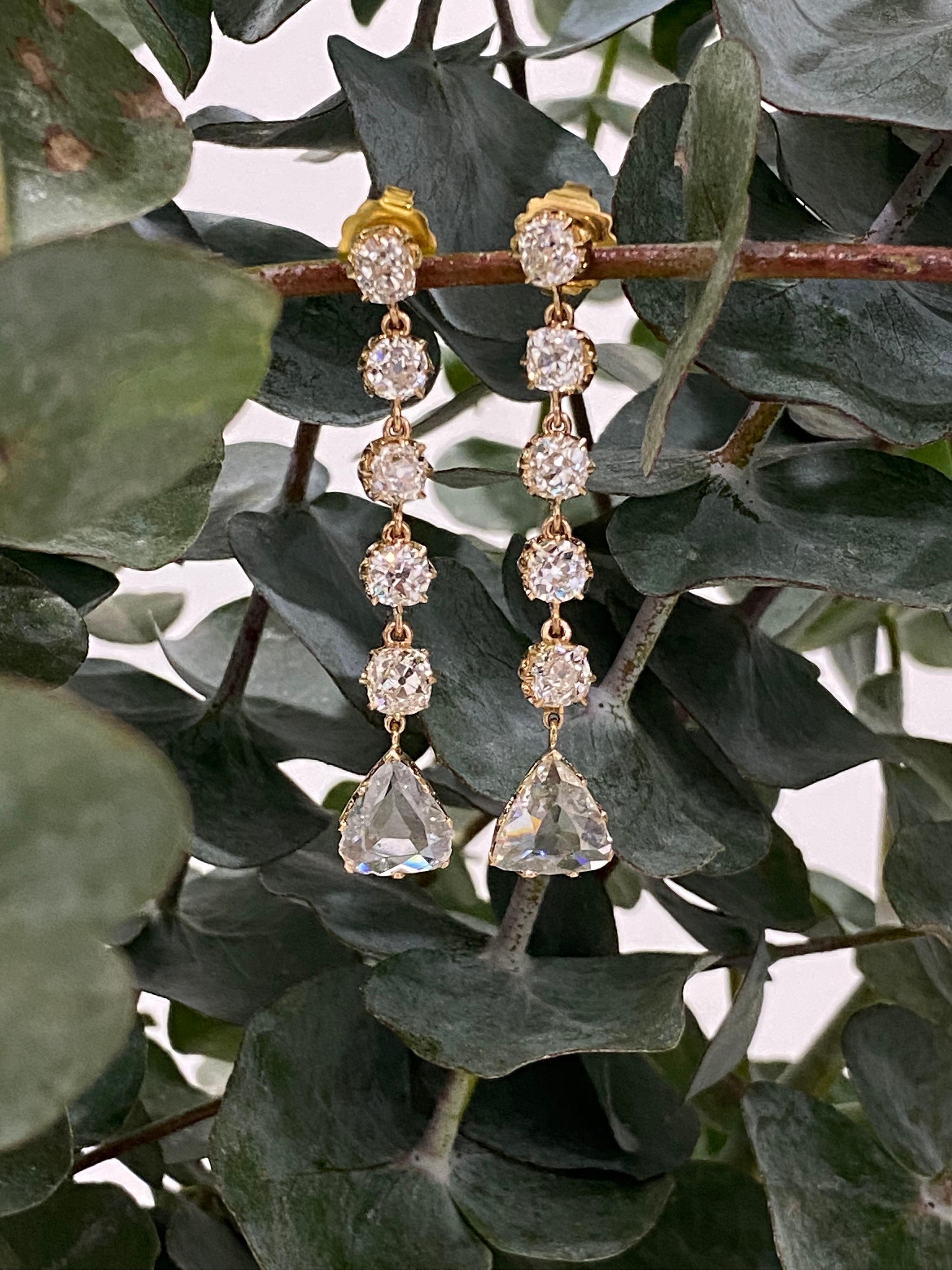 Mindi Mond 12 Carat Old Mine and Rose Cut Diamond Victorian Style Gold Earrings In Excellent Condition For Sale In New York, NY