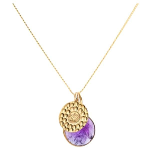 18K Gold Om Amulet + Amethyst Crown Chakra Pendant Necklace by Elizabeth Raine For Sale