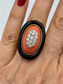 18k gold onyx, coral and diamond cocktail ring
