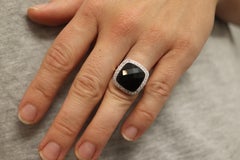 18k Gold ONYX Diamond Halo ring. Checkered French Cut Onyx Dome Halo Ring