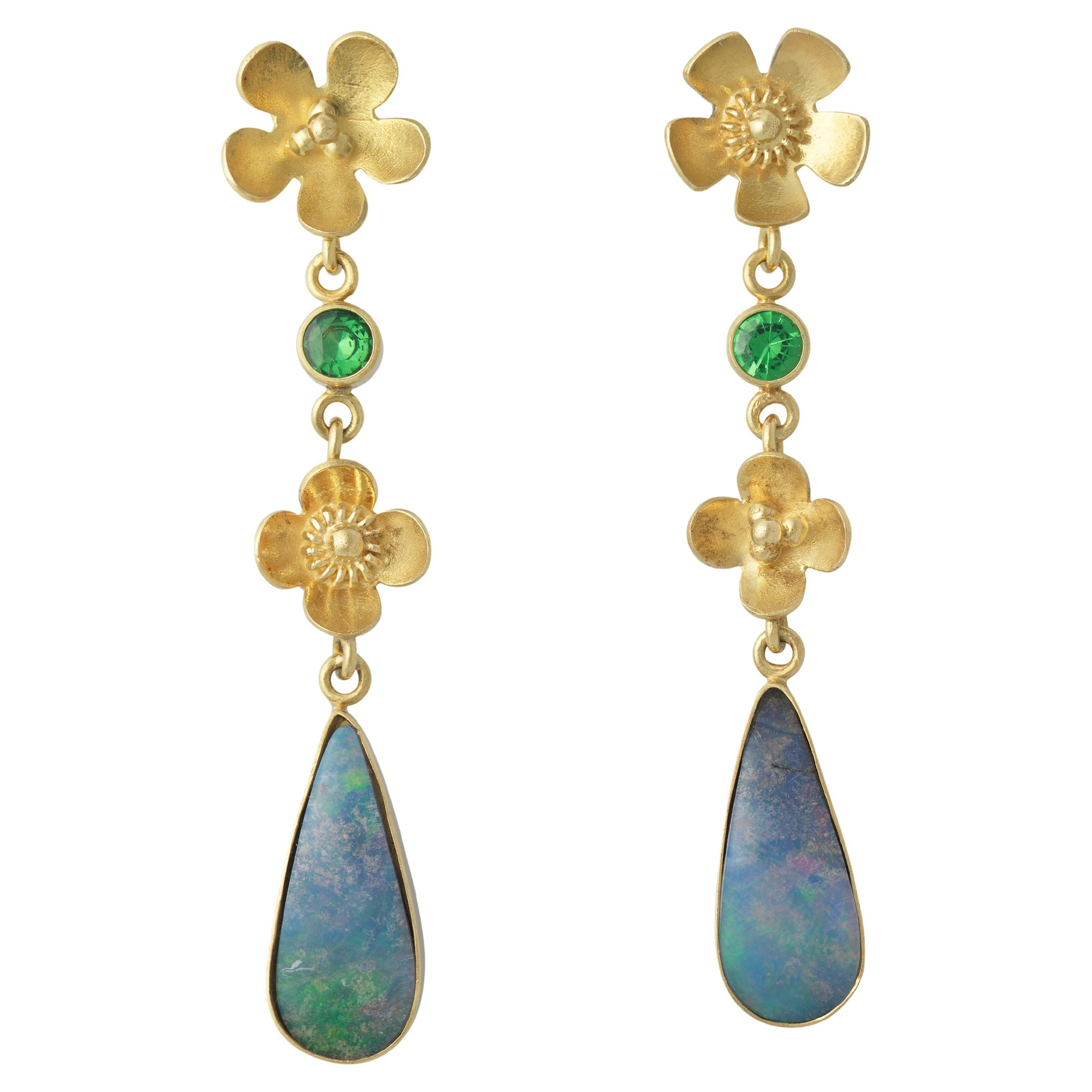 18k Gold Opal and Peridot Drop Earrings For Sale