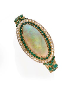 18k Gold & Opal Cabochon Bangle Bracelet with 2.8ct Diamond & Emerald, Size 6.5