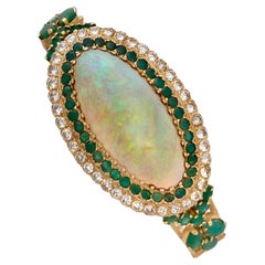 18k Gold & Opal Cabochon Bangle Bracelet with 2.8ct Diamond & Emerald, Size 6.5