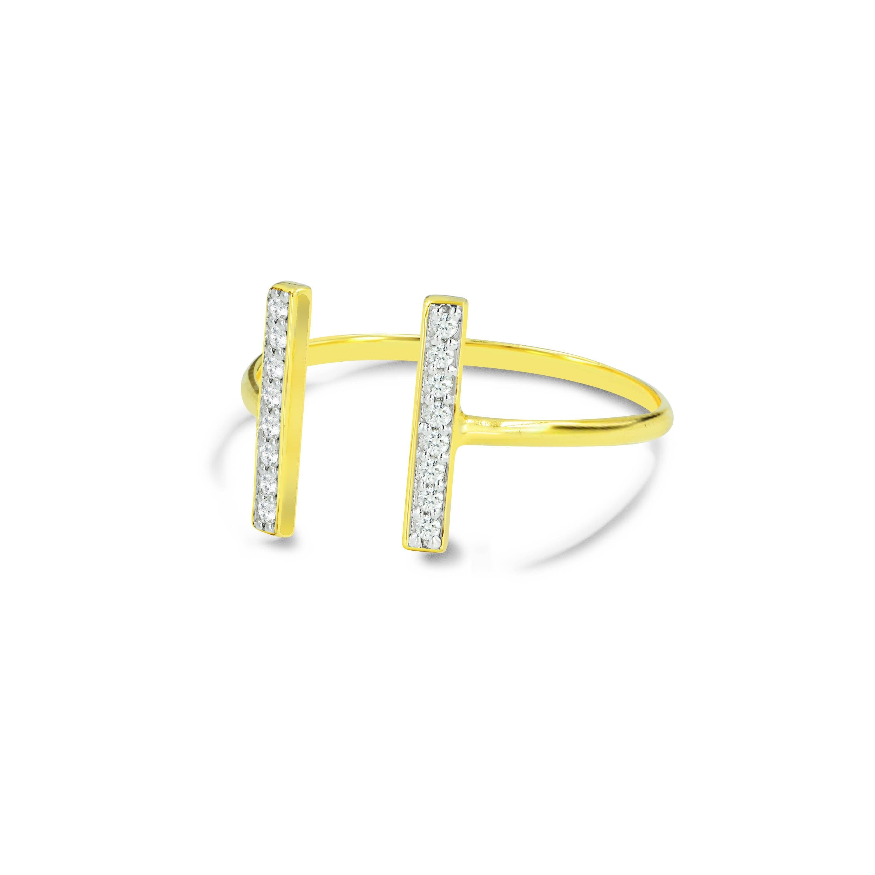 En venta: Anillo de diamantes en barra abierta de oro de 18k Anillo de diamantes en barra paralela Anillo de diamantes minimalista  5