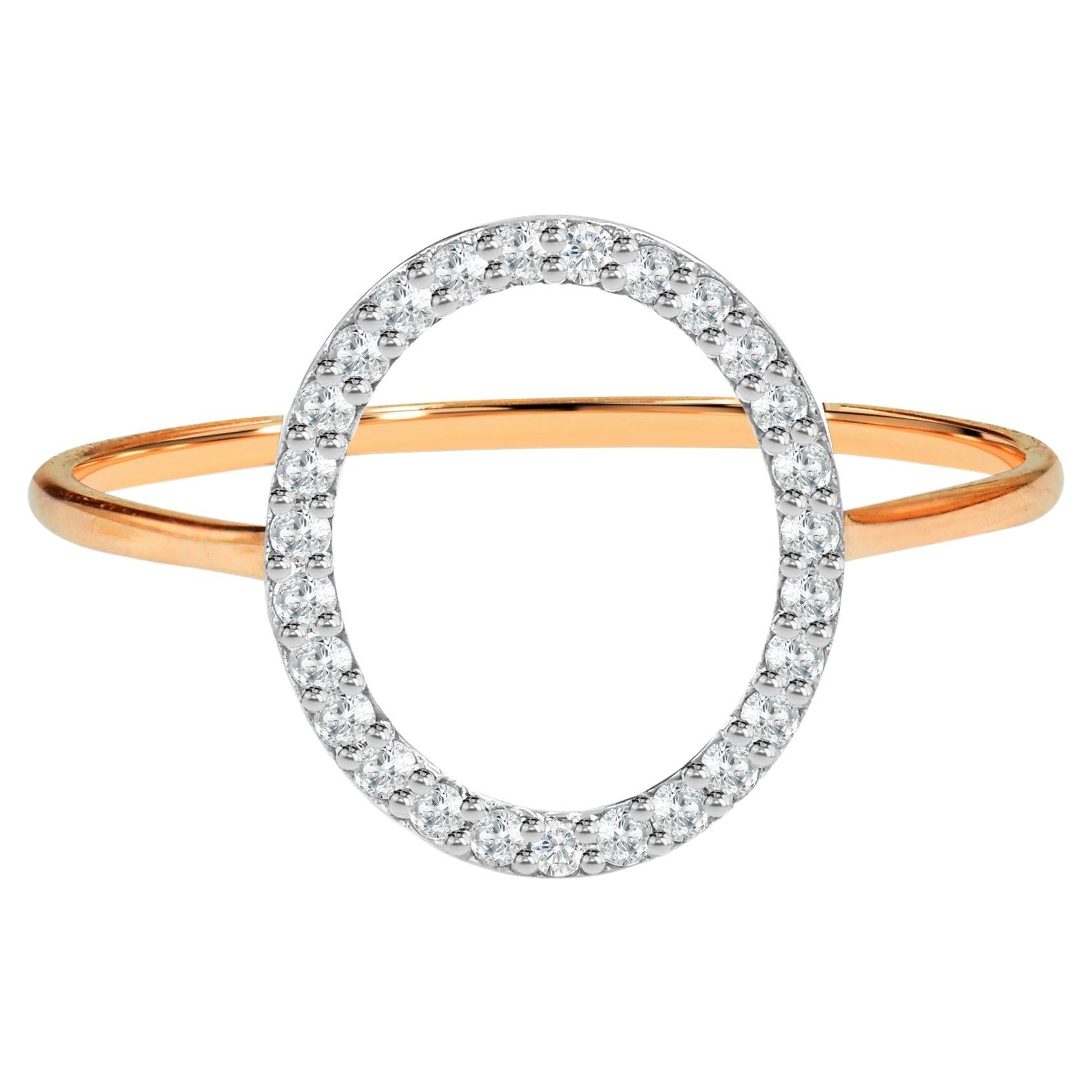 18K Gold Open Circle Diamond Ring Semi-Oval Proposal Ring