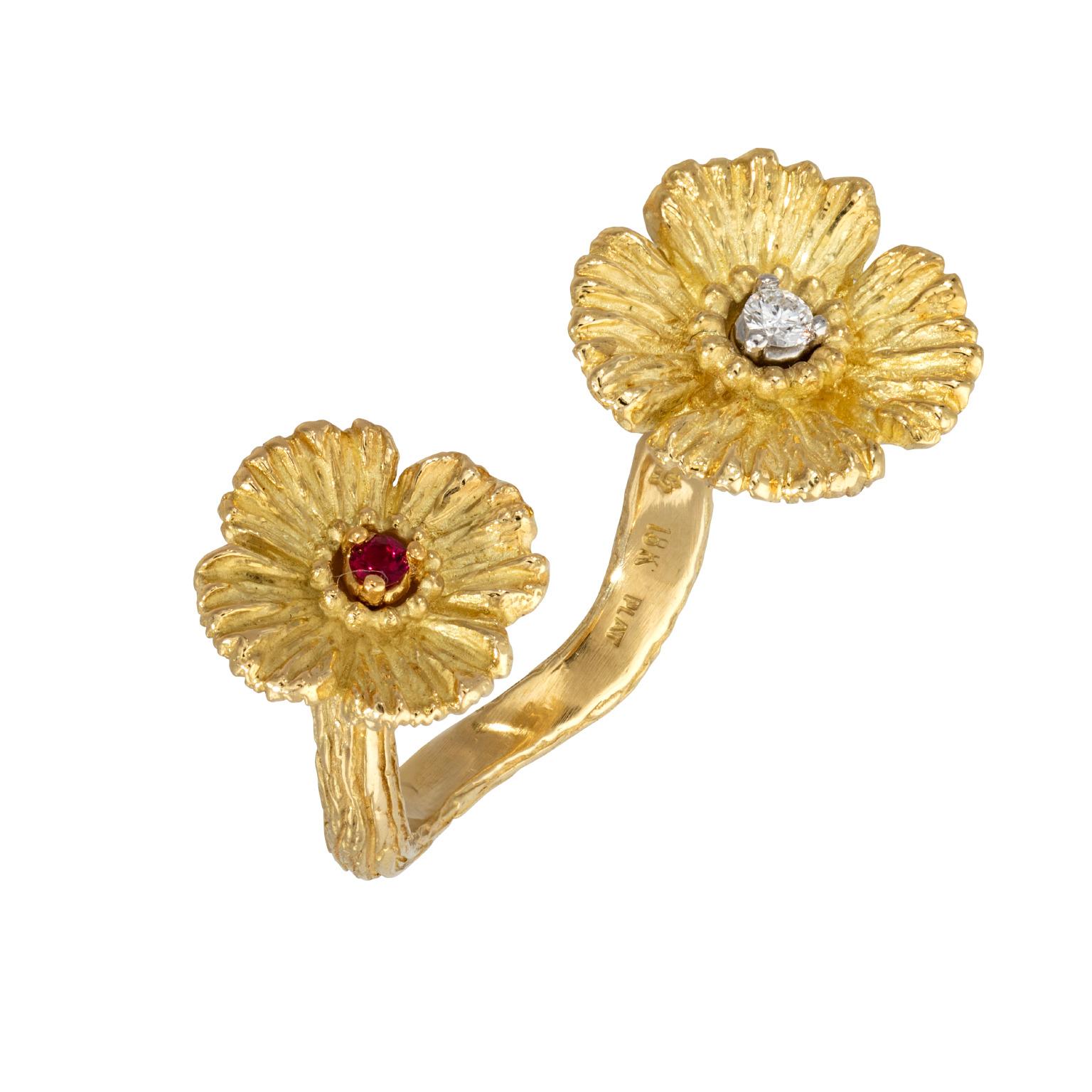 Contemporary 18k Gold Open Style Two Poppy Flower Ring with Ruby and Diamond, by Gloria Bass For Sale