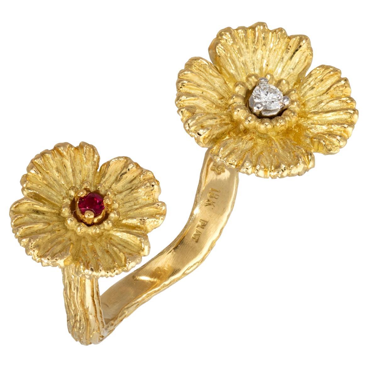 18k Gold Open Style Two Poppy Flower Ring with Ruby and Diamond, by Gloria Bass
