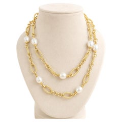 Collana in oro 18k con catena a cavo intrecciato aperto e maglie rotonde con perle, lunghezza 32"