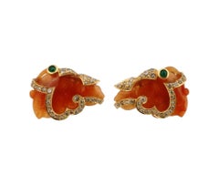 Boutons de manchette en or 18 carats, jade orange, diamants et émeraudes