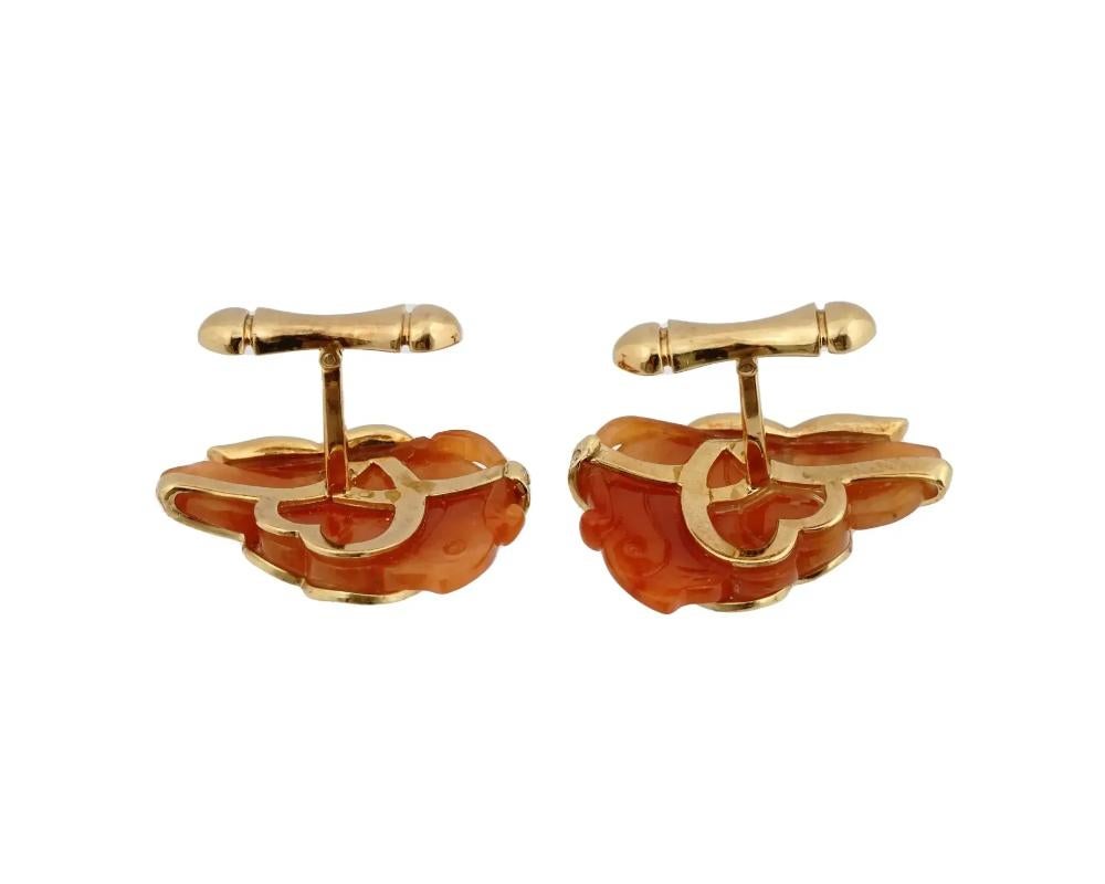 18K Gold Orange Jade Diamonds And Emerald Cufflinks In Good Condition For Sale In New York, NY