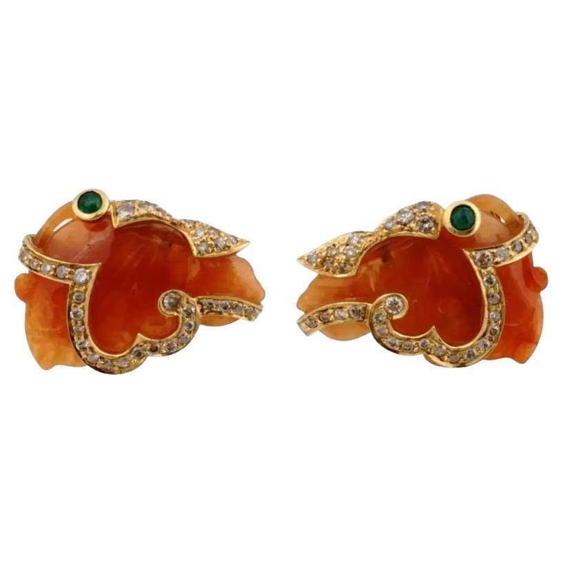 18K Gold Orange Jade Diamonds And Emerald Cufflinks