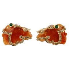 18K Gold Orange Jade Diamonds And Emerald Cufflinks