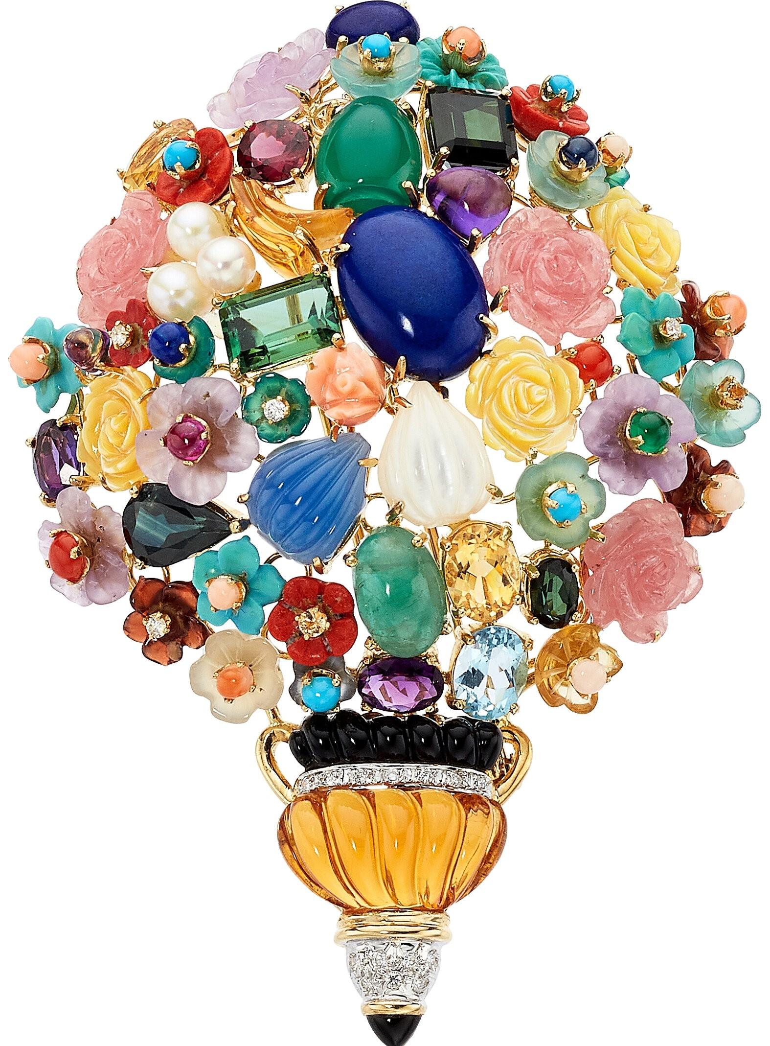 Mixed Cut 18k Gold Ornate Carved Multi-Gem Flower Bouquet Brooch For Sale