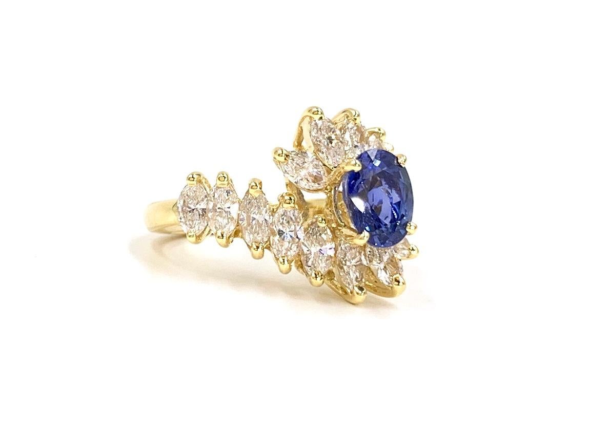 18 Karat Gold Oval Blue Sapphire and Marquise Diamond Cocktail Ring For Sale 1