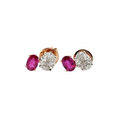 18k Gold Oval Burmese Ruby Cts 1.17 and South African Diamond Earrings