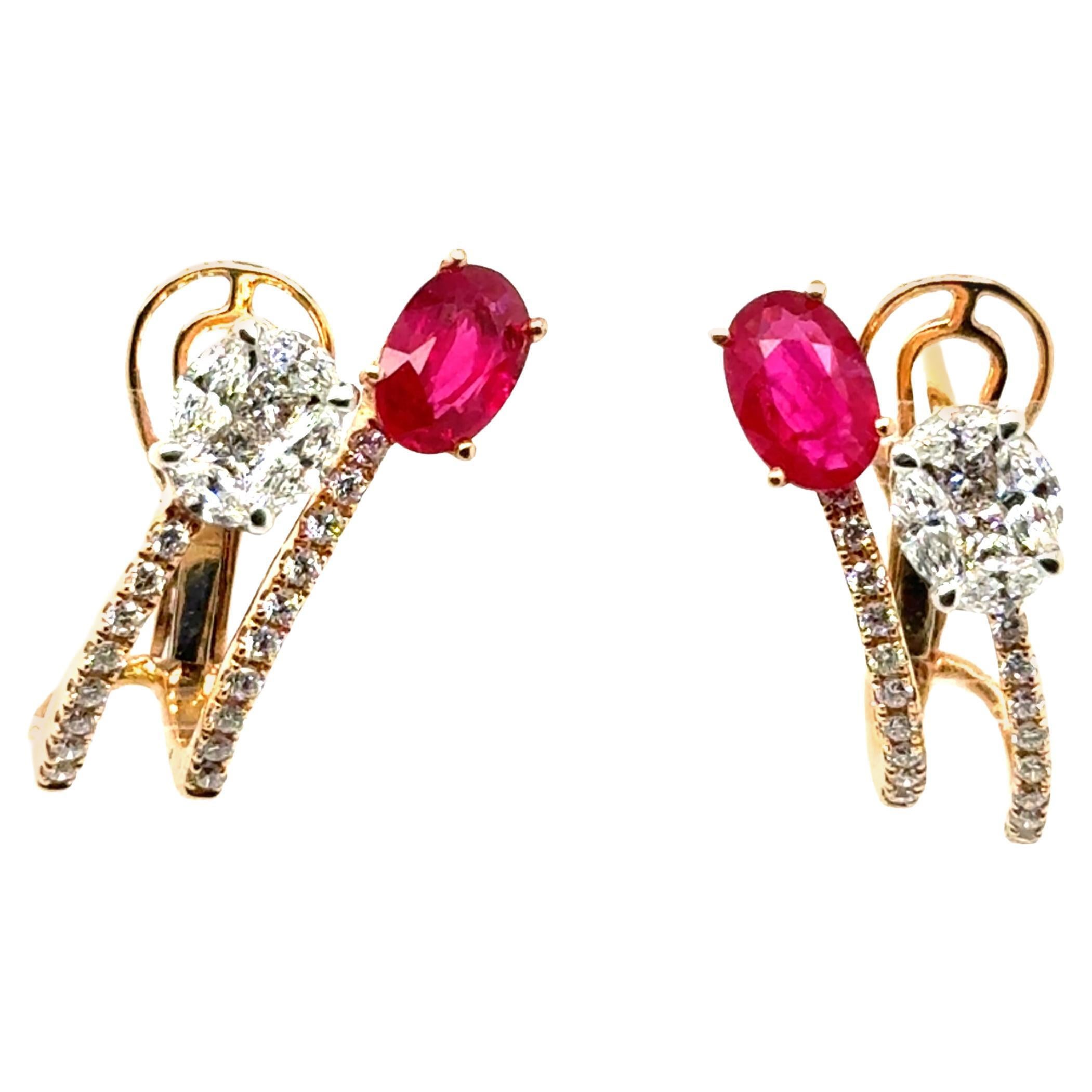18k Gold Oval Burmese Ruby Cts 1.18 and Diamond Earrings For Sale
