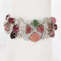 18K Gold Oval Cabochon 49.55ctw Multi Color Tourmaline Diamond Wide Bracelet