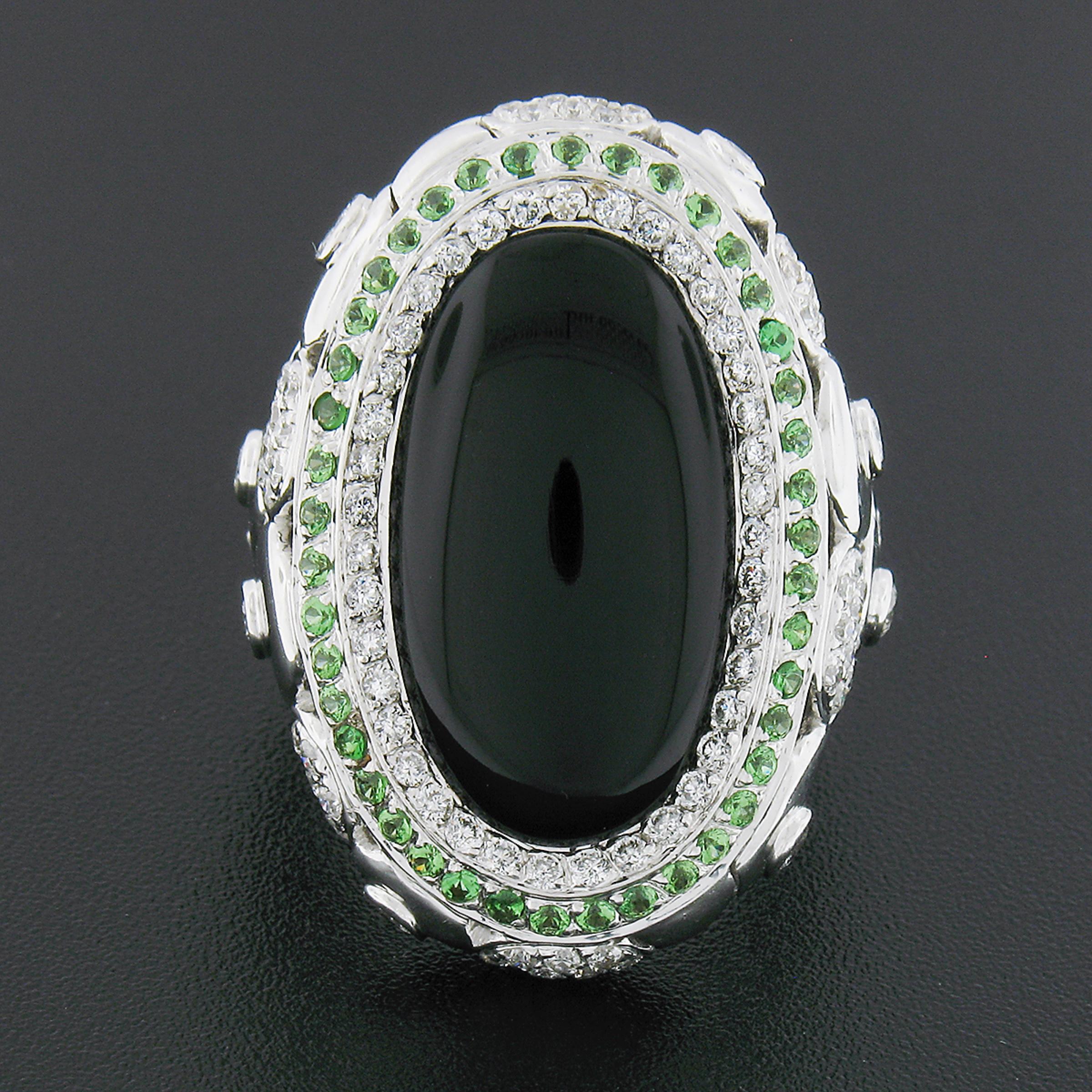 Oval Cut 18K Gold Oval Cabochon Black Onyx Diamond & Tsavorite Dual Halo Cocktail Ring For Sale