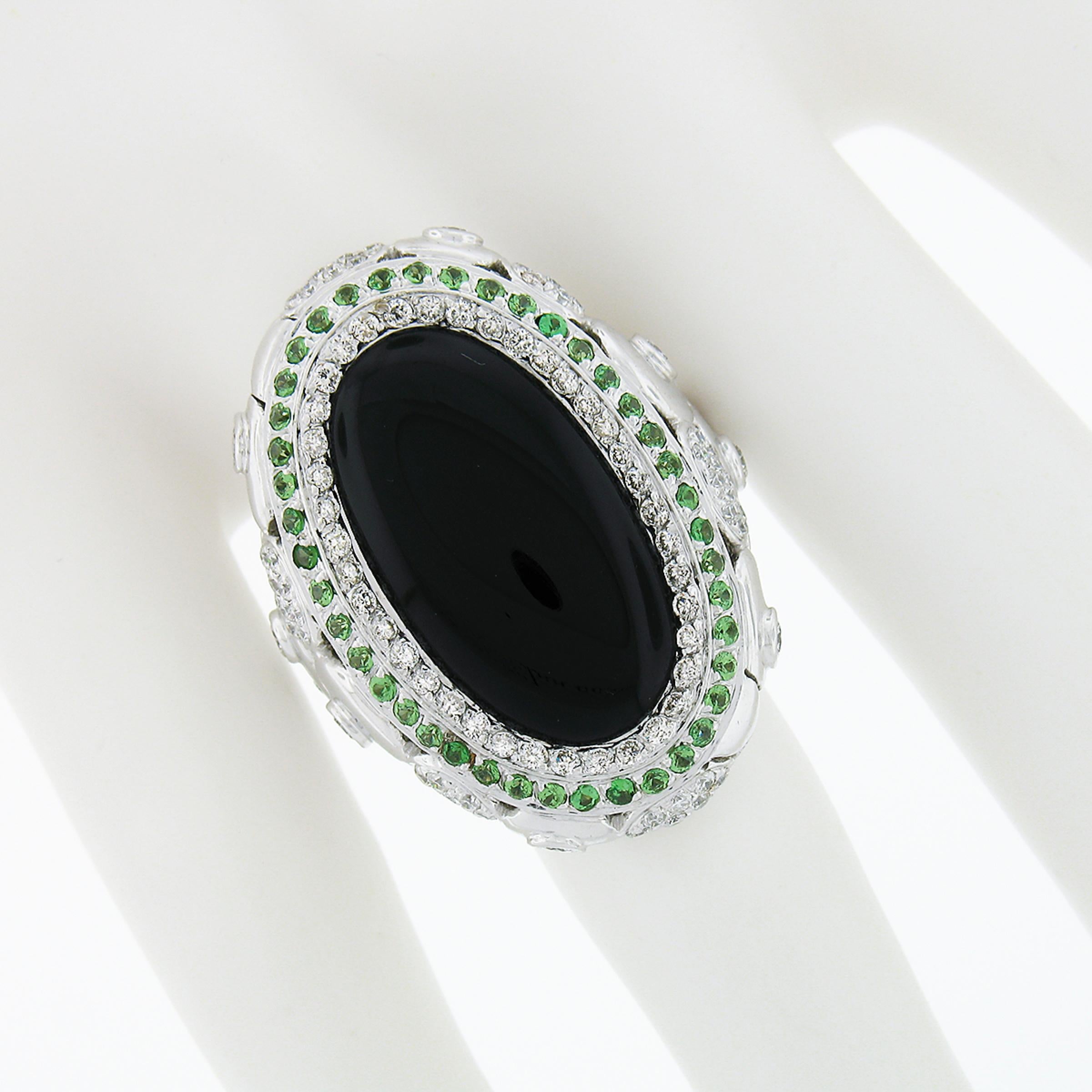 18K Gold Oval Cabochon Black Onyx Diamond & Tsavorite Dual Halo Cocktail Ring In Excellent Condition For Sale In Montclair, NJ