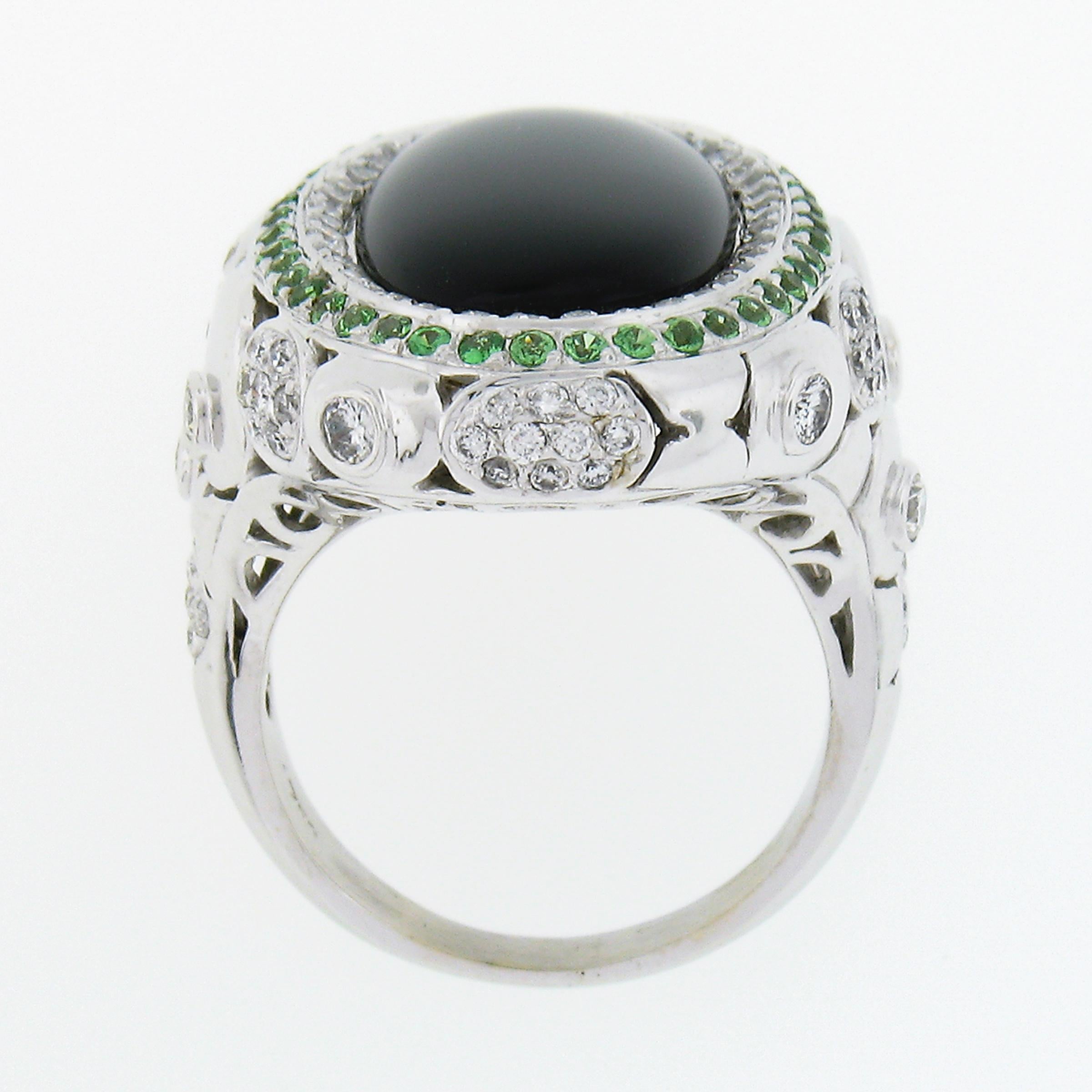 18K Gold Oval Cabochon Black Onyx Diamond & Tsavorite Dual Halo Cocktail Ring For Sale 3