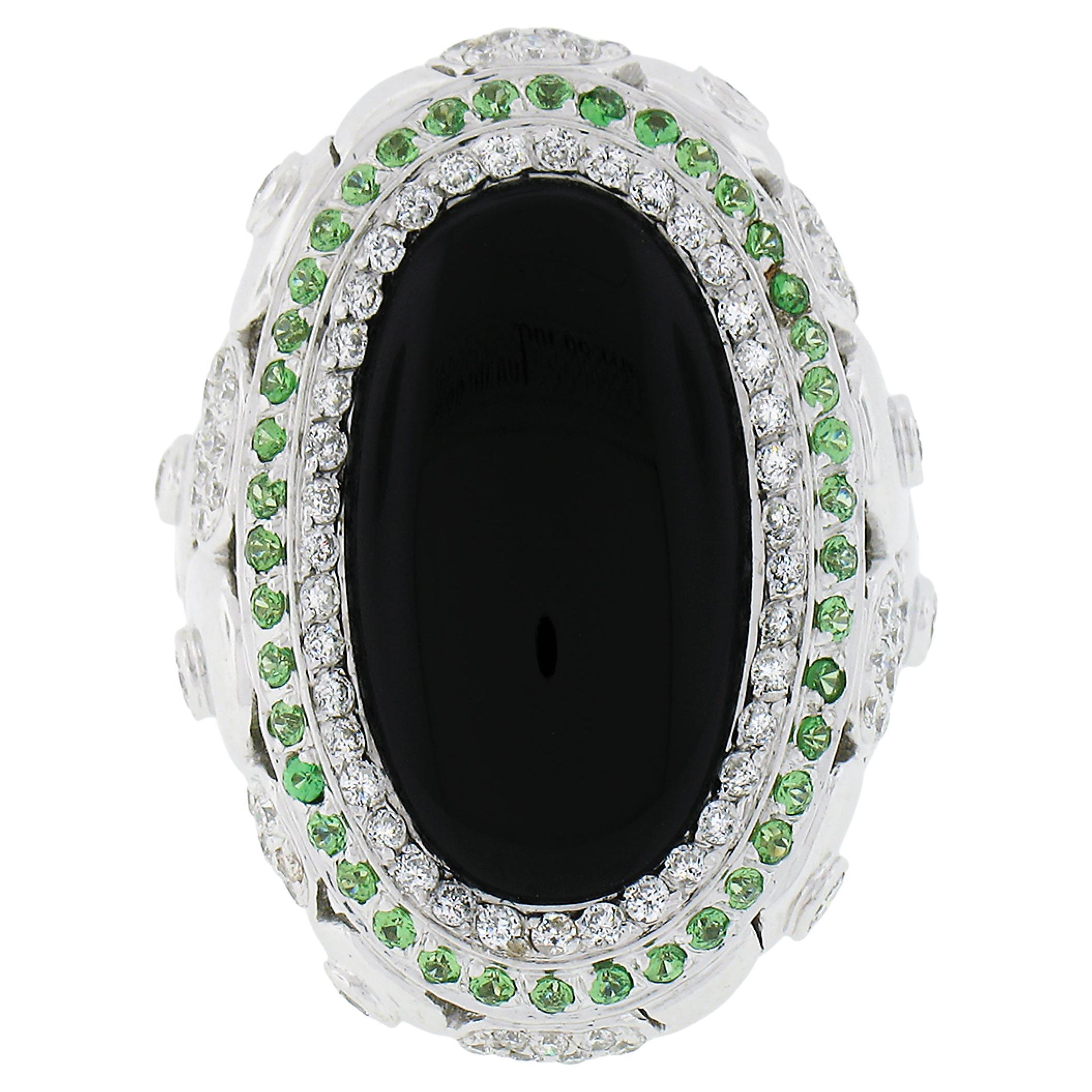 18K Gold Oval Cabochon Black Onyx Diamond & Tsavorite Dual Halo Cocktail Ring For Sale