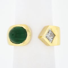 18k Gold Oval Cabochon Emerald & Princess Diamond Polished Open Cuff Band Ring