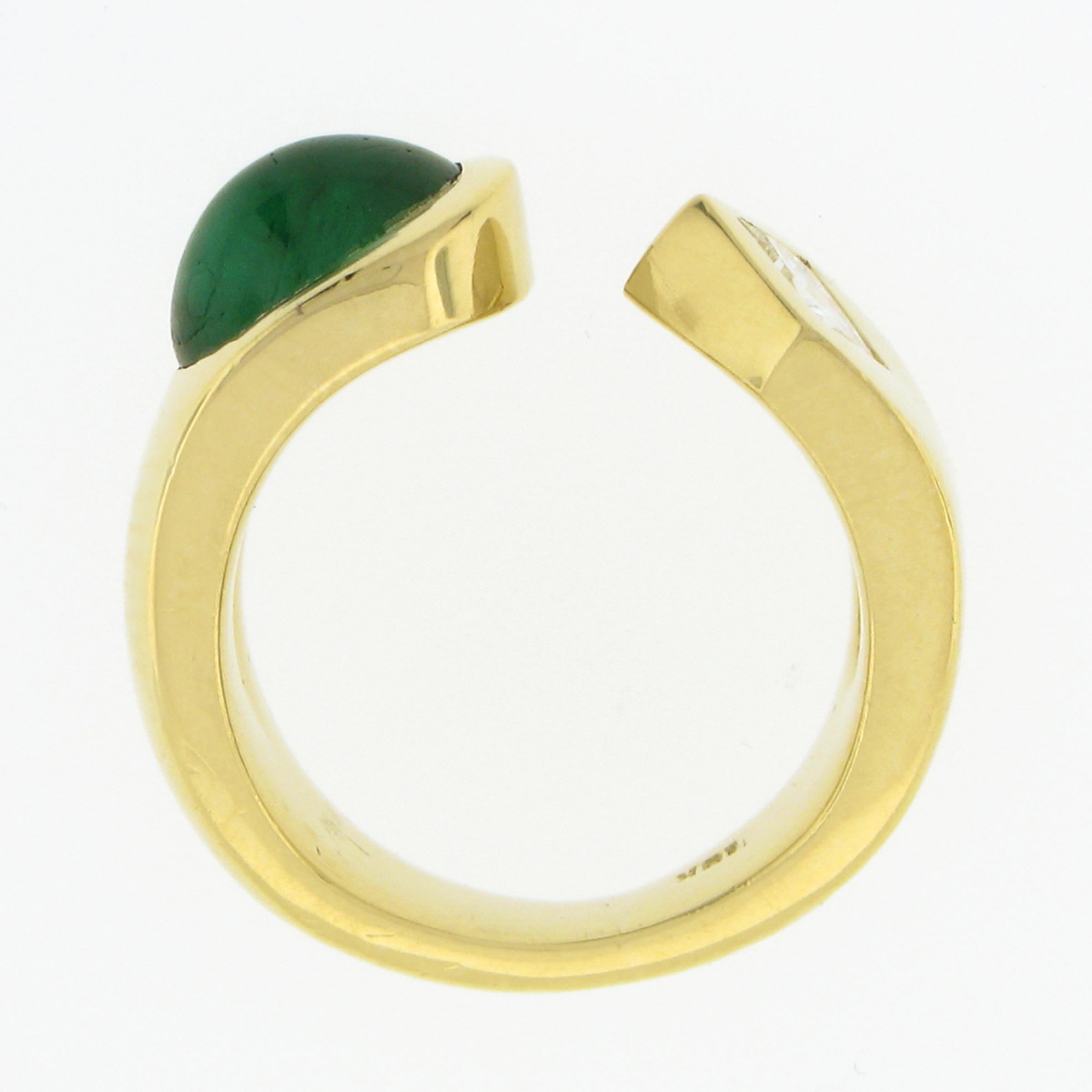 18k Gold Oval Cabochon Emerald & Princess Diamond Polished Open Cuff Band Ring For Sale 3