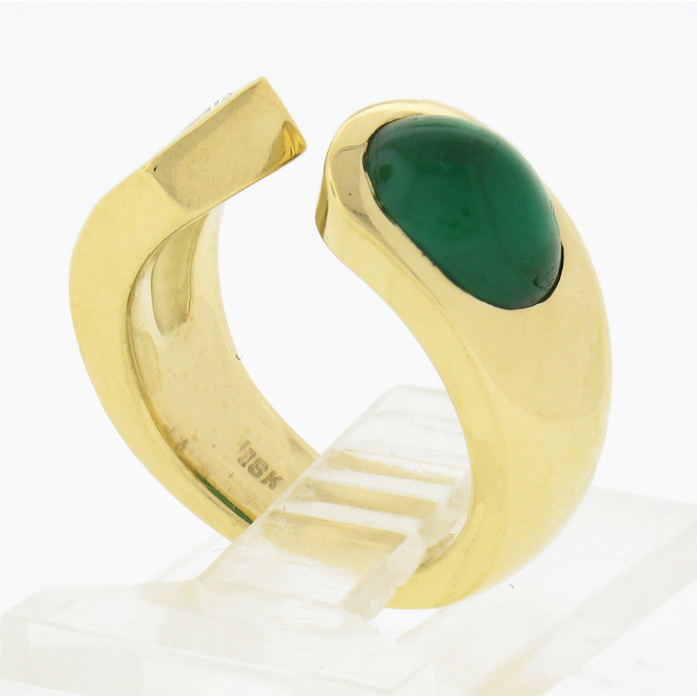 18k Gold Oval Cabochon Emerald & Princess Diamond Polished Open Cuff Band Ring For Sale 4