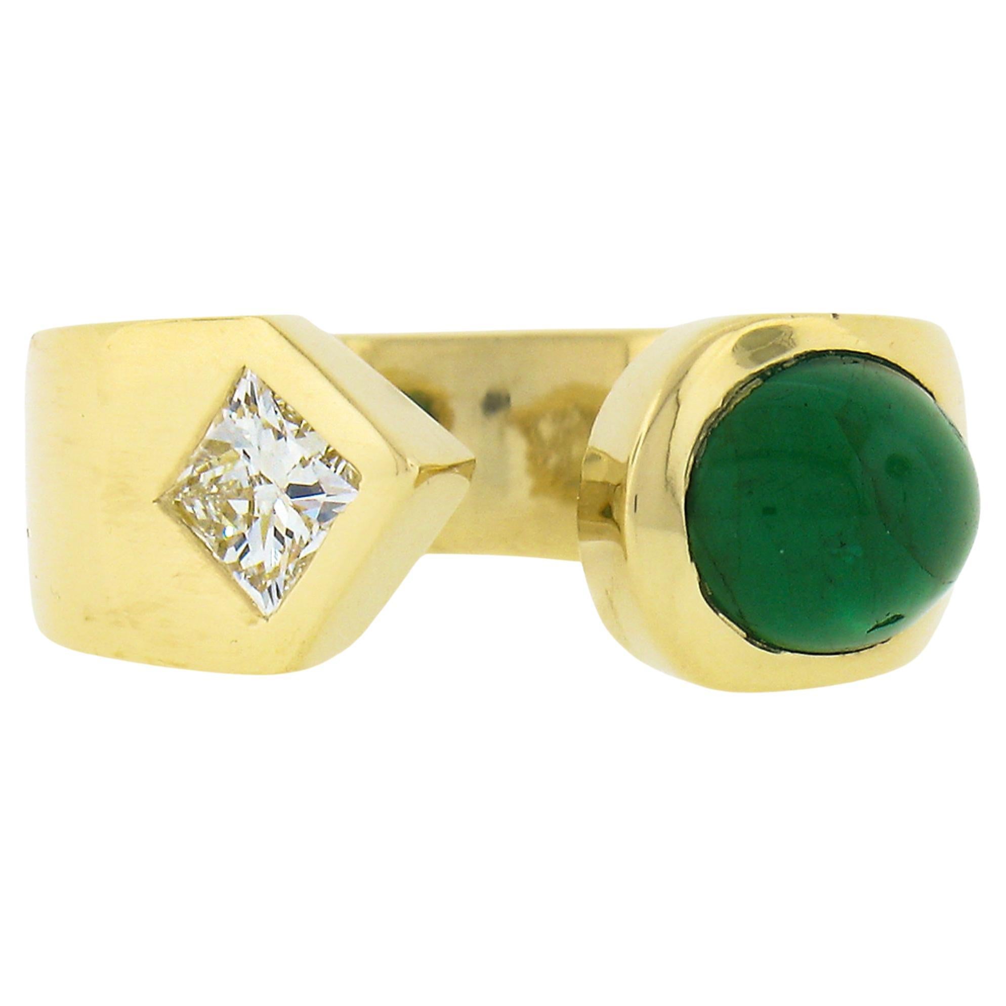 18k Gold Oval Cabochon Emerald & Princess Diamond Polished Open Cuff Band Ring
