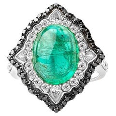 18k Gold Oval Cabochon Emerald Ring with Black and White Diamonds