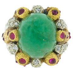 18K Gold Oval Cabochon Emerald Solitaire w/ Diamond Ruby Textured Cocktail Ring