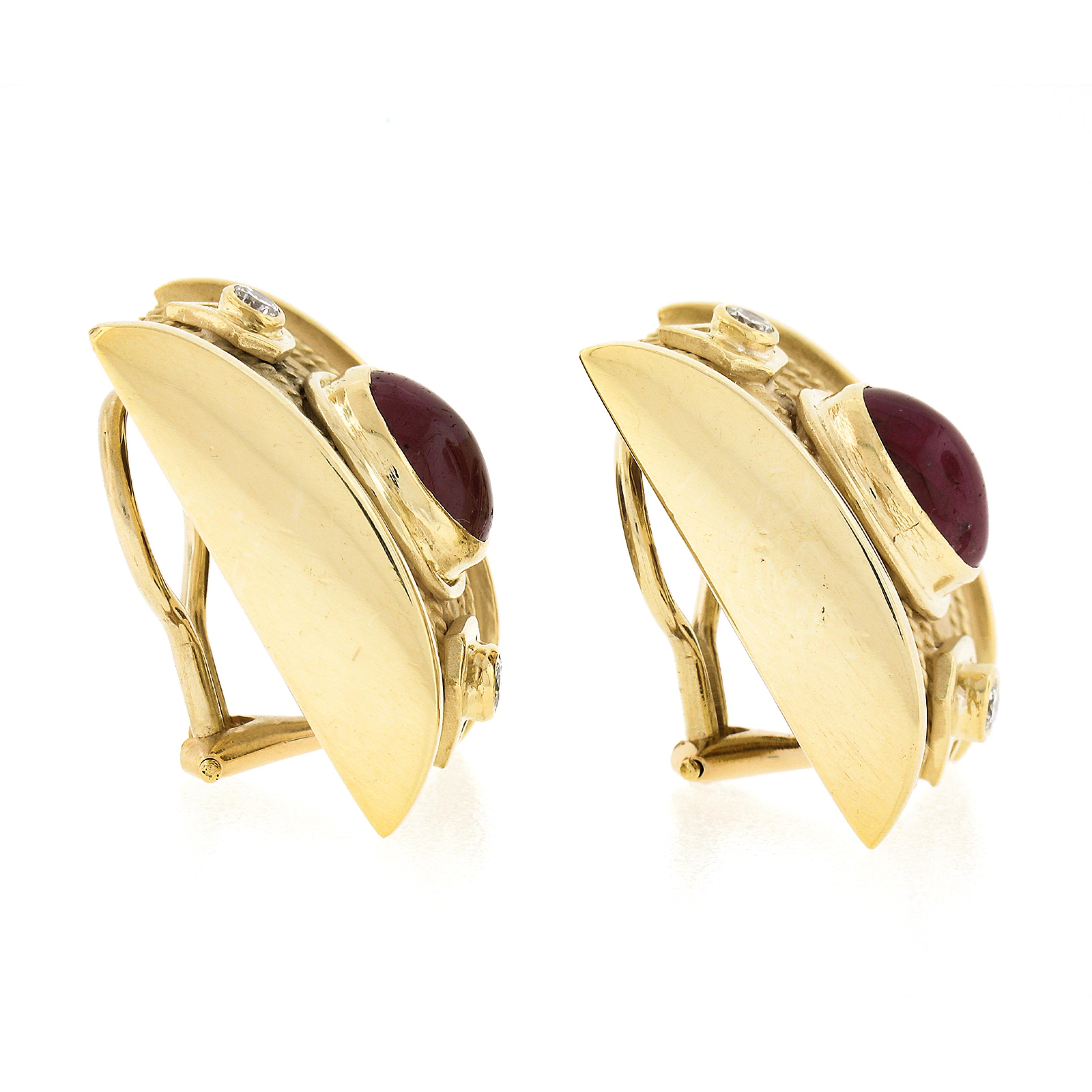 Oval Cut 18k Gold Oval Cabochon Ruby & Diamond Twisted Wire Dual Finish Clip on Earrings For Sale