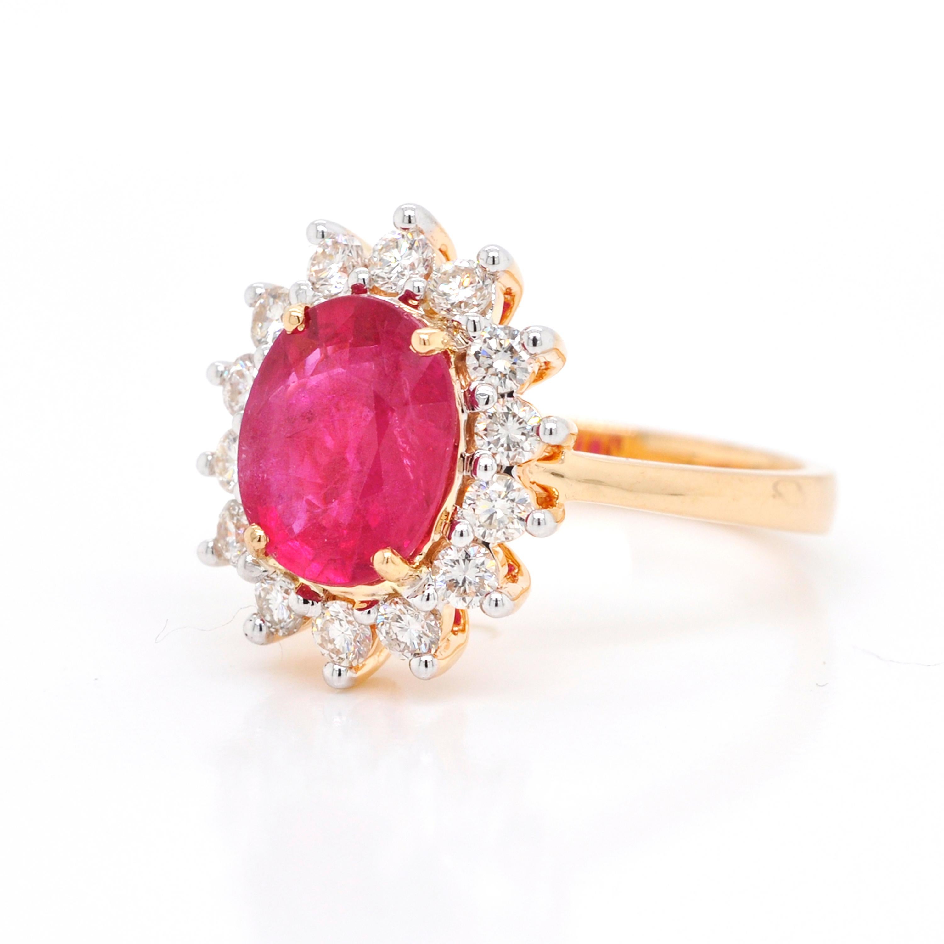 Women's 18K Gold Oval Certified Mozambique Ruby Diamond Cluster Engagement Bridal Ring For Sale