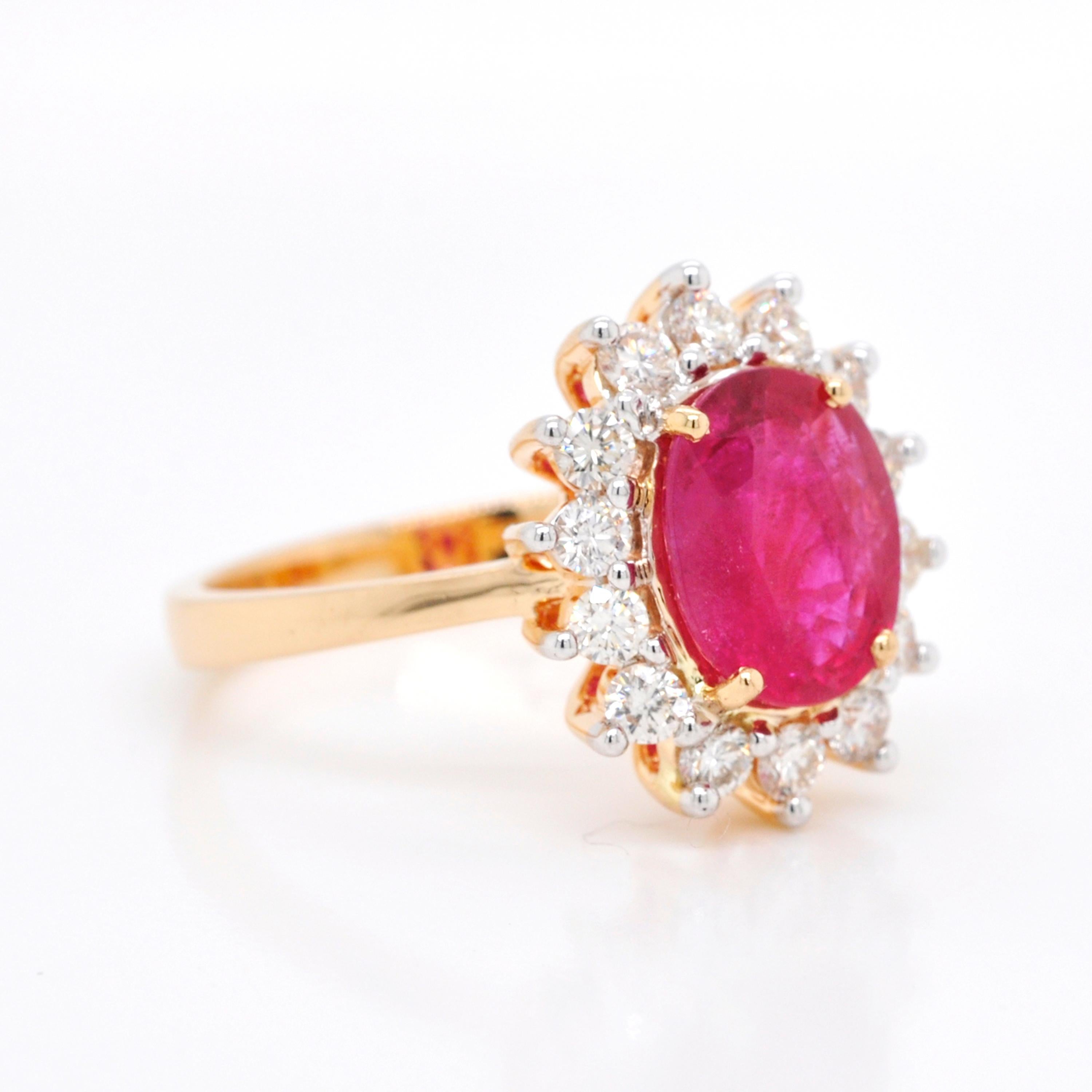 18K Gold Oval Certified Mozambique Ruby Diamond Cluster Engagement Bridal Ring For Sale 2