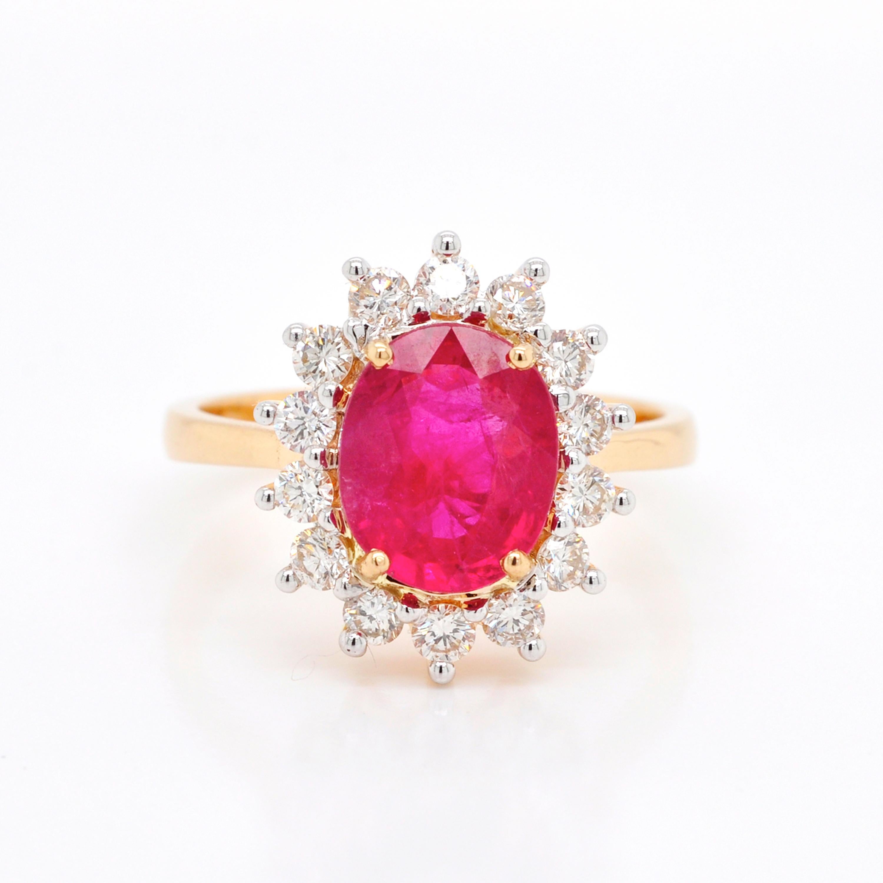 18K Gold Oval Certified Mozambique Ruby Diamond Cluster Engagement Bridal Ring For Sale 3