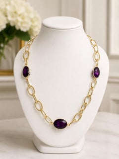 18k Gold Oval Checkerboard Amethyst Cable & Polished Open Link Station Necklace