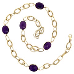18k Gold Oval Checkerboard Amethyst Cable & Polished Open Link Station Necklace