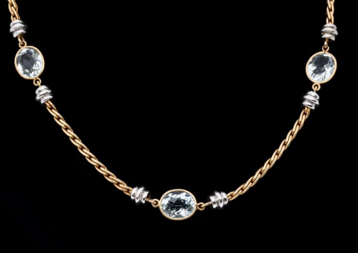 Oval Cut 18K Gold Oval Faceted Aquamarine (App. 25.8 TCW) Station Necklace For Sale
