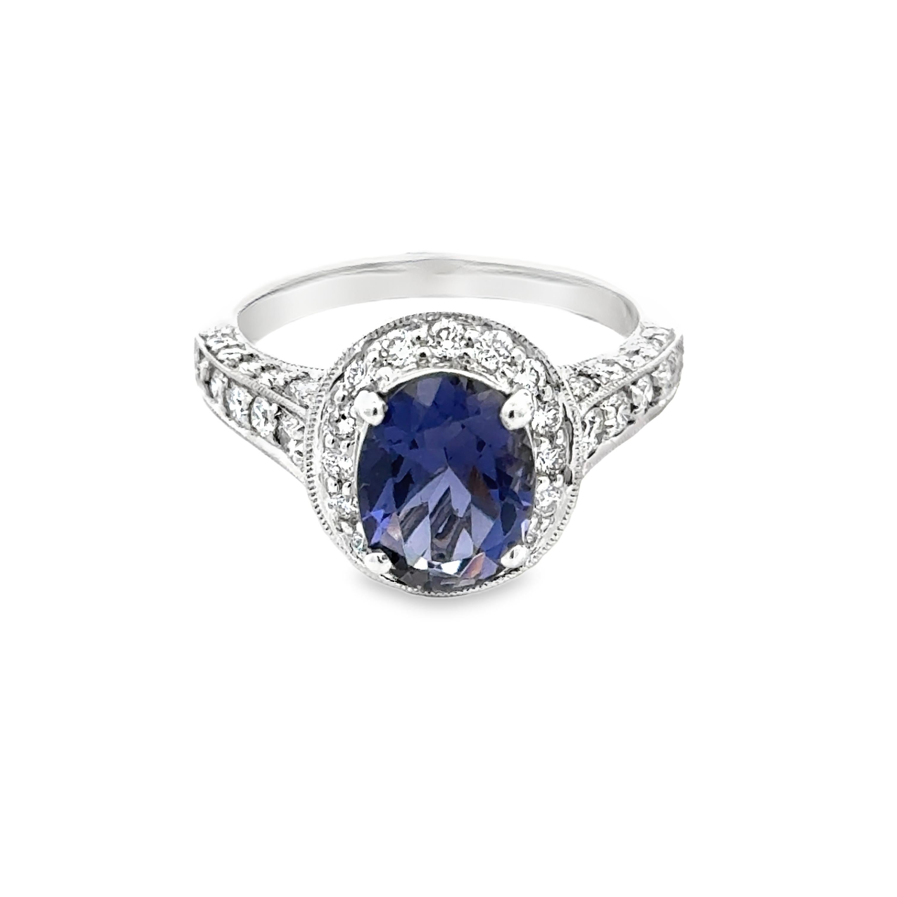 Modern 18K Gold Oval Iolite and White and Yellow Diamond Ring For Sale