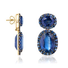 18K Gold Oval Modern Earrings with Natural Vivid Kyanite and Sapphire Drop