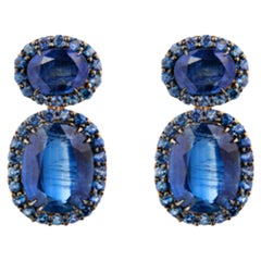 18K Gold Oval Modern Earrings with Natural Vivid Kyanite and Sapphire Drop