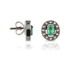 18K Gold Oval Modern Stud Earrings with Natural Vivid Emeralds and Halo Diamond