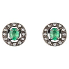 18K Gold Oval Modern Stud Earrings with Natural Vivid Emeralds and Halo Diamond