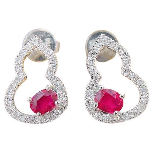 18K Gold Oval Ruby and Diamond Gourd-Inspired Drop Earrings