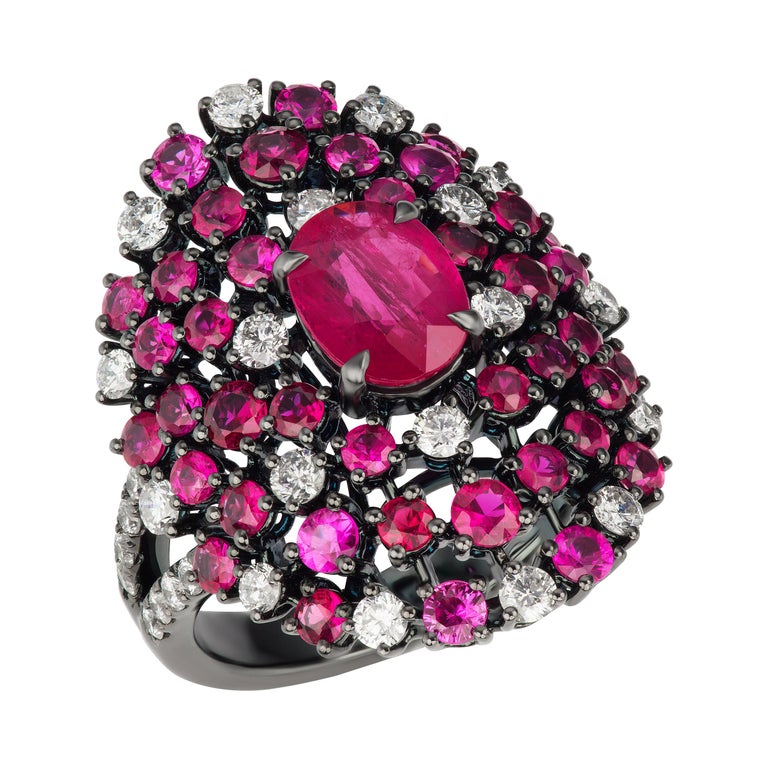 18K Gold Oval Ruby and Diamond Ring with Black Rhodium