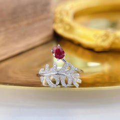 18K Gold Oval Ruby Banana Leaf Ring with Natural Diamonds