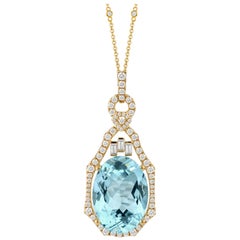 18K Gold Oval Sky Blue Topaz Necklace with Baguette Diamonds and Diamond Chain