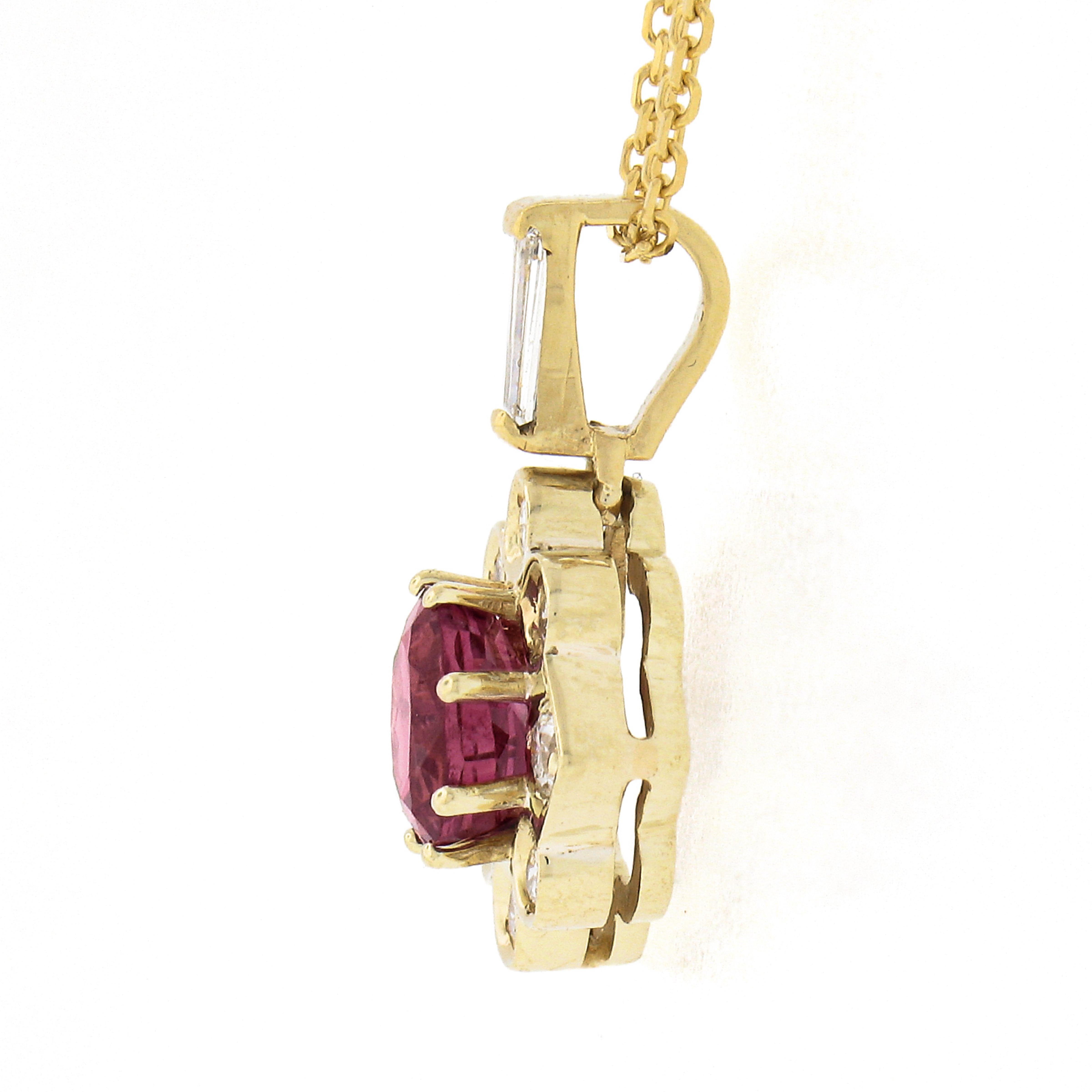 18k Gold Oval Spinel/Ruby & Diamond Halo Petite Floral Pendant Adjustable Chain In Excellent Condition For Sale In Montclair, NJ