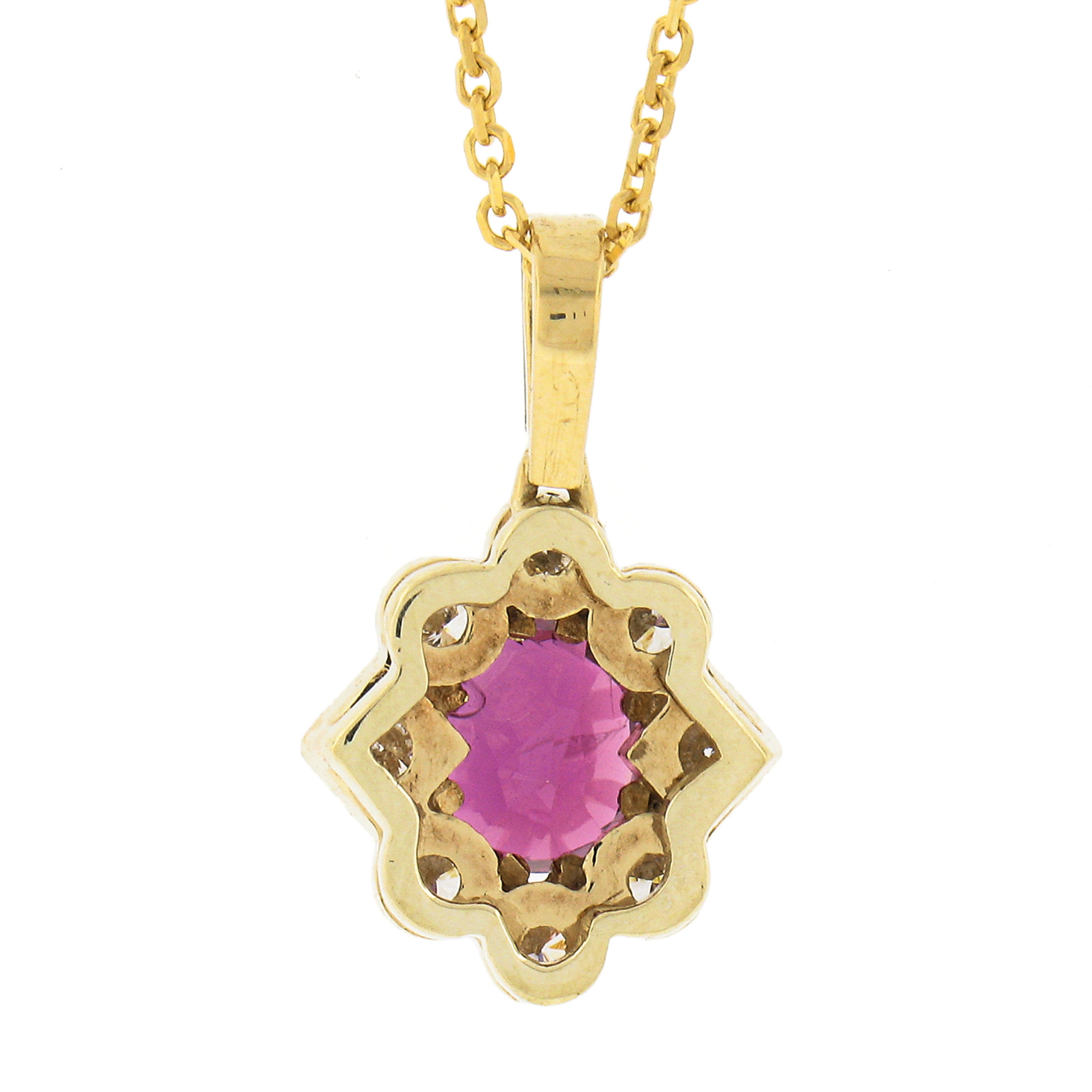 Collana con ciondolo floreale ovale in oro 14k GIA con zaffiro rosa e diamante a forma di aureola in vendita 1